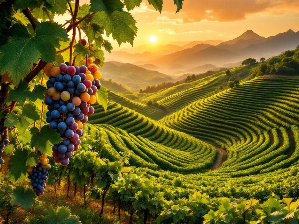 Luchtfoto van Braziliaanse wijngaardterrassen in Vale dos Vinhedos bij zonsondergang met rijpe druiventrossen