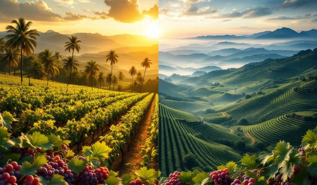 Braziliaanse wijngebieden in dramatische split-screen: tropische wijngaarden links, bergterrassen in mist rechts