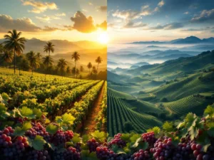 Braziliaanse wijngebieden in dramatische split-screen: tropische wijngaarden links, bergterrassen in mist rechts