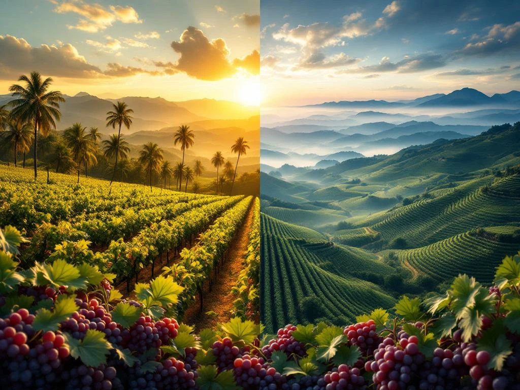 Braziliaanse wijngebieden in dramatische split-screen: tropische wijngaarden links, bergterrassen in mist rechts