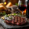 Glas rode Cabernet Sauvignon wijn naast gegrilde steak op rustieke houten tafel met kaas en kruiden op achtergrond