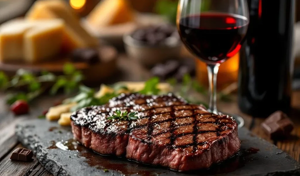 Glas rode Cabernet Sauvignon wijn naast gegrilde steak op rustieke houten tafel met kaas en kruiden op achtergrond