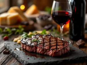 Glas rode Cabernet Sauvignon wijn naast gegrilde steak op rustieke houten tafel met kaas en kruiden op achtergrond