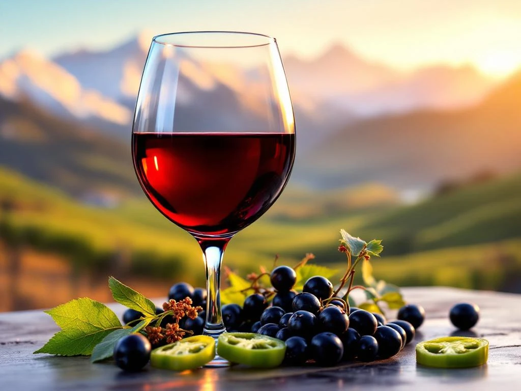 Cabernet Sauvignon wijnglas met donkerrode wijn tegen Andes berglandschap met Chileense wijngaarden en vers fruit