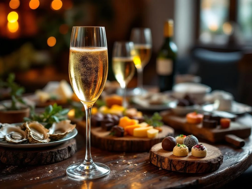 Glas champagne met gouden bubbels omringd door oesters, kaas en canapés op houten planken in luxe restaurant
