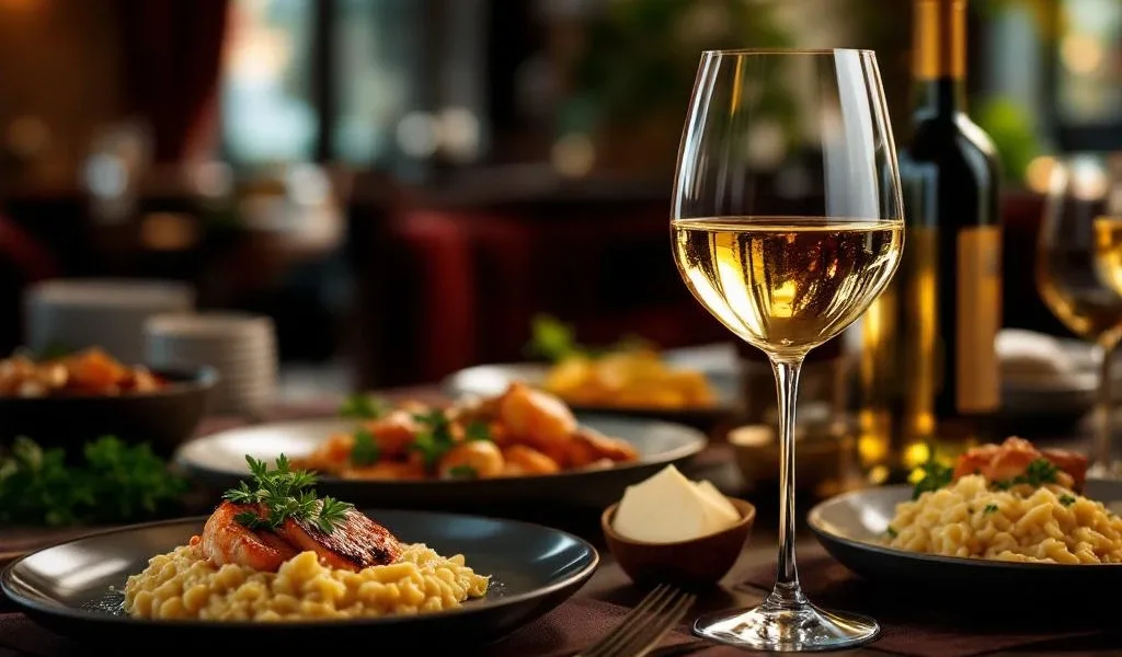 Gouden Chardonnay wijn in elegant glas naast gourmet gerechten op donkere houten tafel in luxe restaurant setting