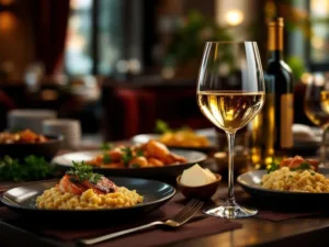 Gouden Chardonnay wijn in elegant glas naast gourmet gerechten op donkere houten tafel in luxe restaurant setting