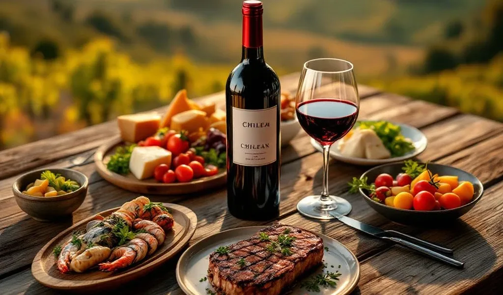 Open Chileense rode wijn met glas naast gegrilde steak, zeevruchten, kaas en groenten op elegante houten tafel