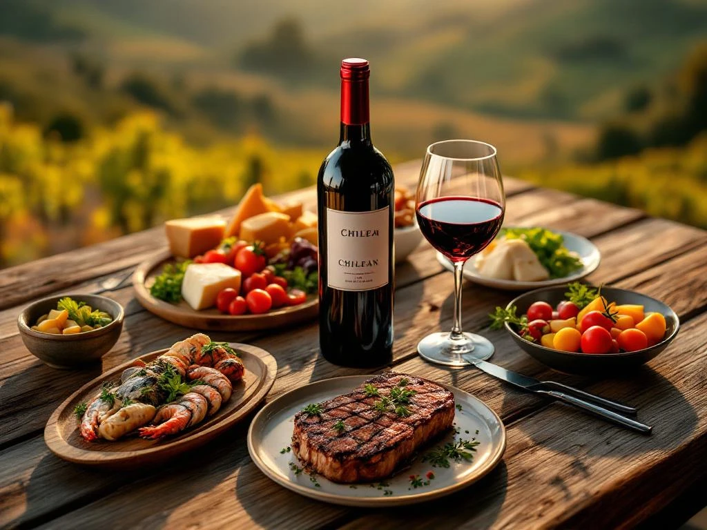 chileense-wijn-food-pairing-gourmet-gerechten.jpg Open Chileense rode wijn met glas naast gegrilde steak, zeevruchten, kaas en groenten op elegante houten tafel