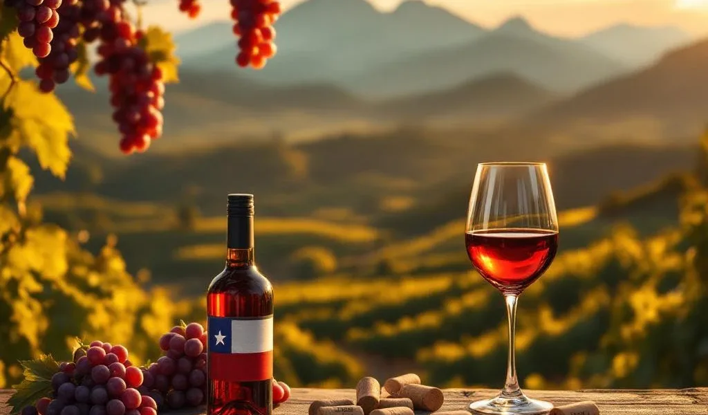 Chileense wijnfles met vlag kleuren voor Andes bergen en wijngaarden, wijnkurken en glas in gouden zonlicht
