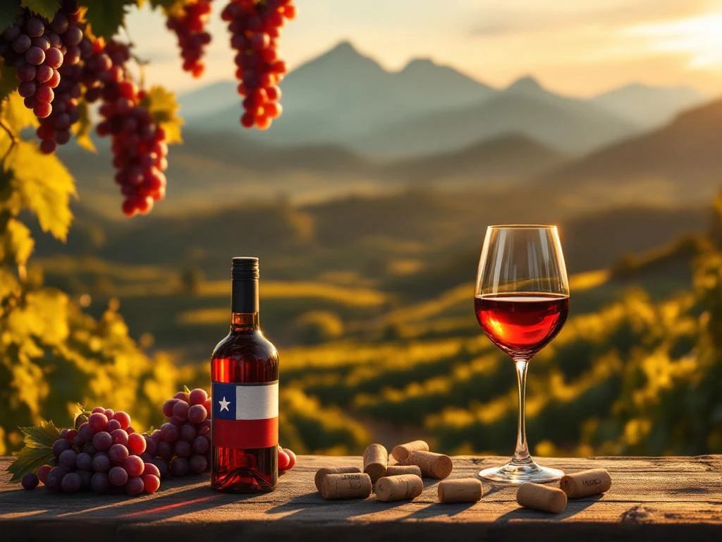 chileense-wijn-andes-wijngaard-terroir.jpg Chileense wijnfles met vlag kleuren voor Andes bergen en wijngaarden, wijnkurken en glas in gouden zonlicht