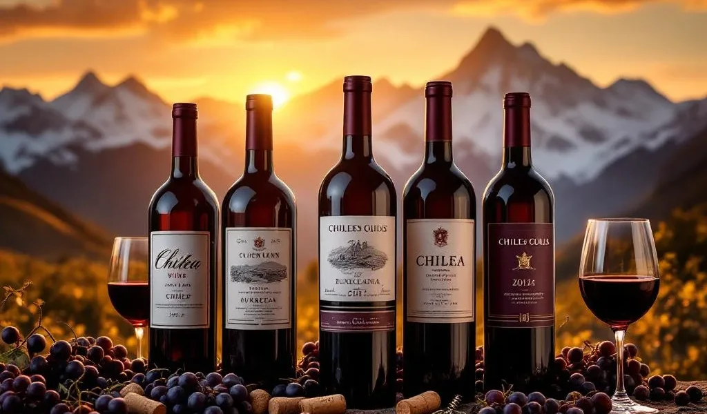 Zeven elegante Chileense wijnflessen in boog gerangschikt tegen besneeuwde Andes bij zonsondergang met druiven en glazen