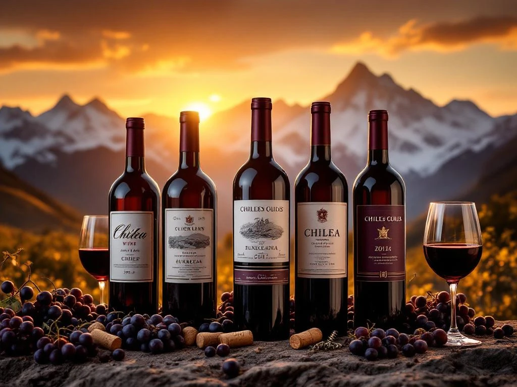 Zeven elegante Chileense wijnflessen in boog gerangschikt tegen besneeuwde Andes bij zonsondergang met druiven en glazen