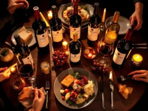 Luxe dinertafel met zeven Chileense wijnflessen in halve cirkel rond gourmetmaaltijd, kaarslicht, kristallen glazen