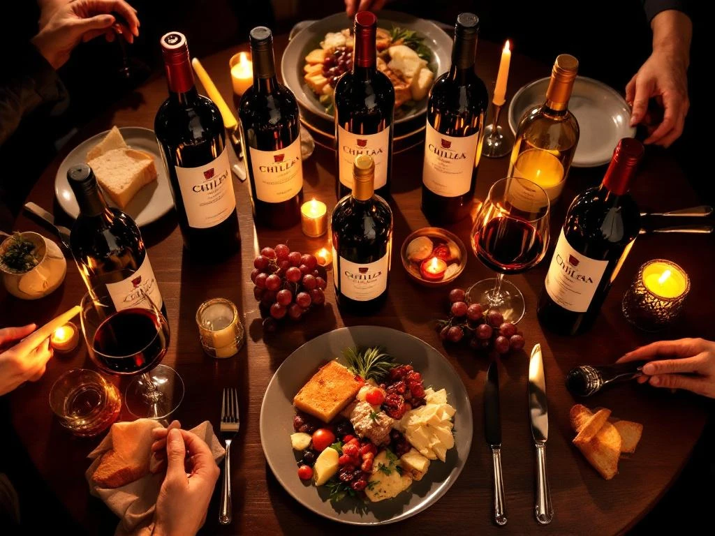 Luxe dinertafel met zeven Chileense wijnflessen in halve cirkel rond gourmetmaaltijd, kaarslicht, kristallen glazen