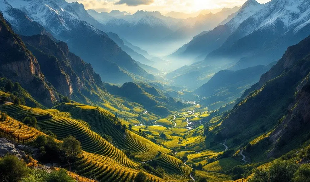 Luchtfoto van Chileense wijngaarden in terrasvorm tussen besneeuwde Andes-bergen tijdens gouden uur