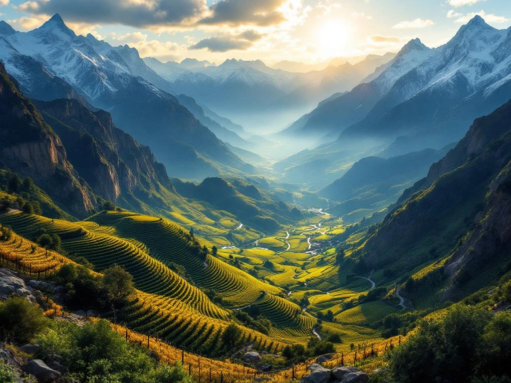 Luchtfoto van Chileense wijngaarden in terrasvorm tussen besneeuwde Andes-bergen tijdens gouden uur