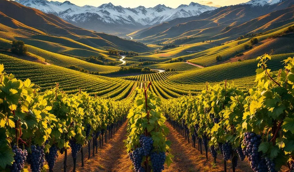 Luchtfoto van Chileense wijngaarden tussen besneeuwde Andes bergen met rijpe druiventrossen in de voorgrond