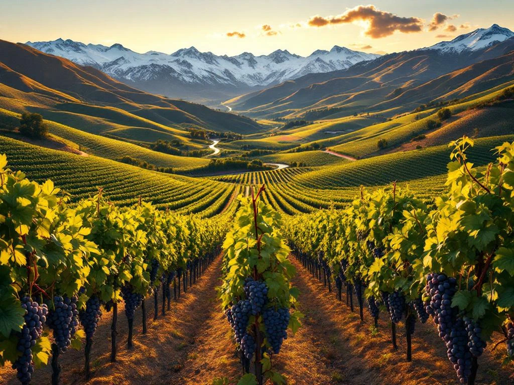 Luchtfoto van Chileense wijngaarden tussen besneeuwde Andes bergen met rijpe druiventrossen in de voorgrond