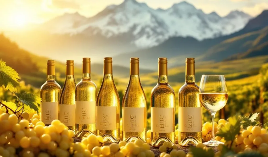 Zeven elegante Chileense witte wijnflessen in gebogen lijn voor besneeuwde Andes en wijngaarden met verse druiven
