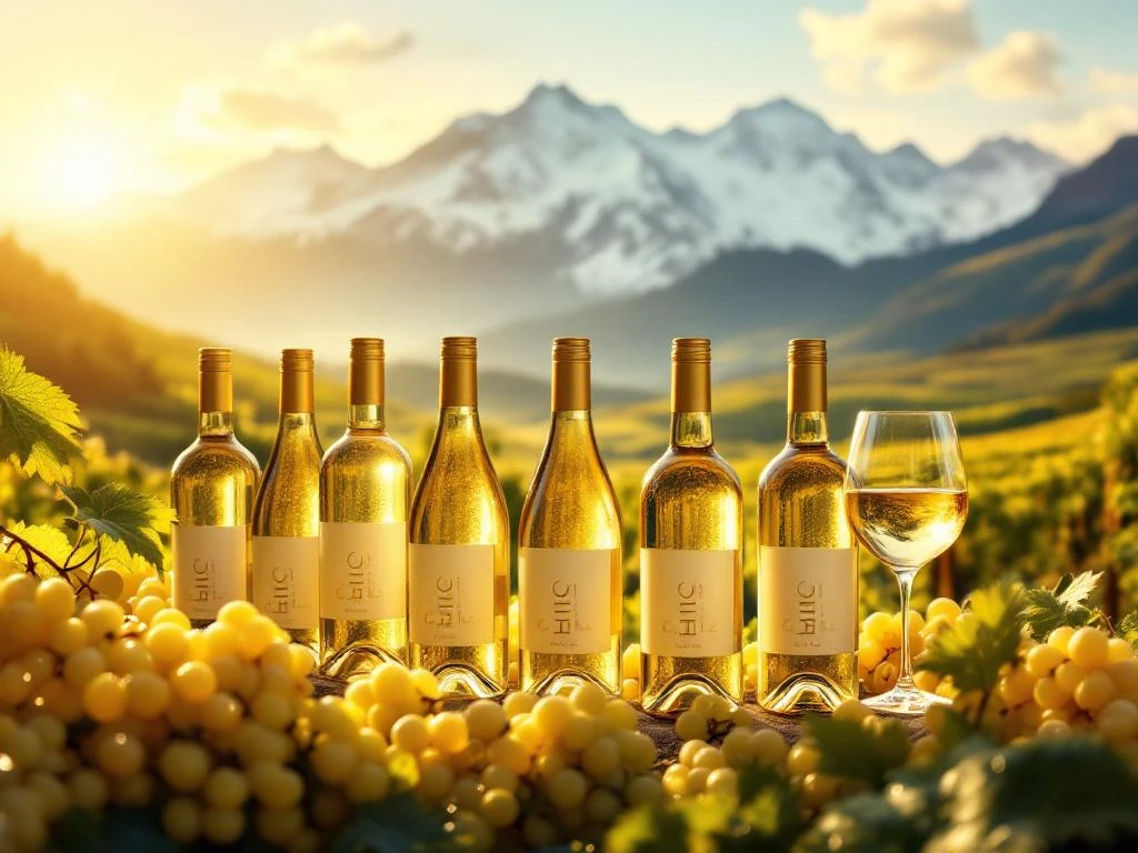 Zeven elegante Chileense witte wijnflessen in gebogen lijn voor besneeuwde Andes en wijngaarden met verse druiven