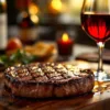 Gegrilde steak met grill strepen op houten snijplank naast glas rode Malbec wijn in warme verlichting