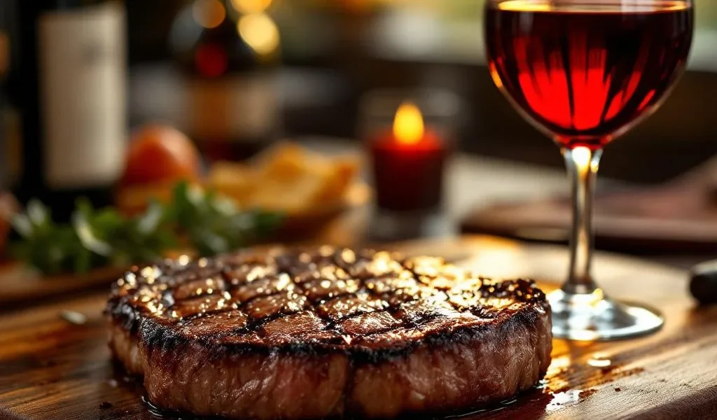 Gegrilde steak met grill strepen op houten snijplank naast glas rode Malbec wijn in warme verlichting