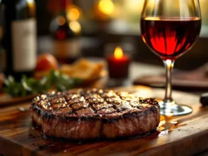 Gegrilde steak met grill strepen op houten snijplank naast glas rode Malbec wijn in warme verlichting