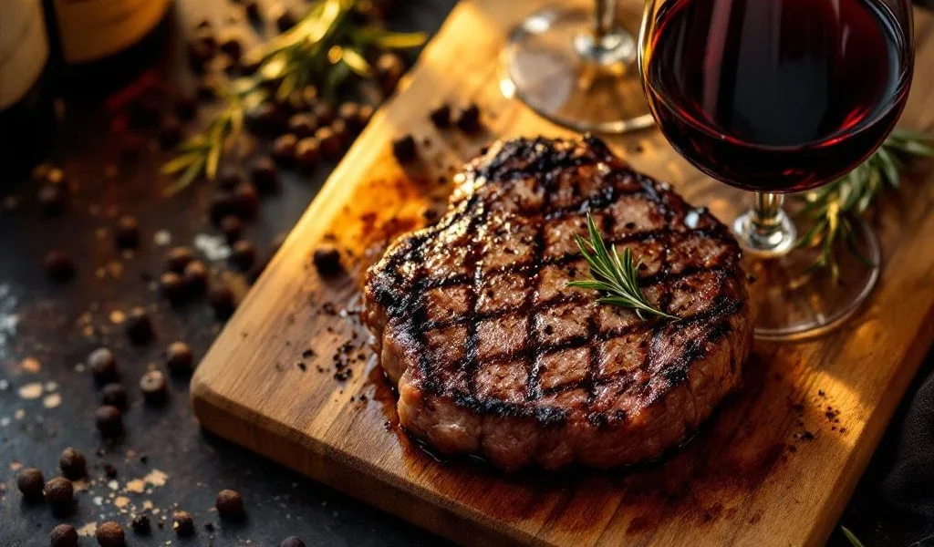 Gegrilde biefstuk medium-rare met glas rode wijn op houten plank, rozemarijn en pepperbollen, warme verlichting