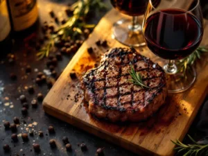 Gegrilde biefstuk medium-rare met glas rode wijn op houten plank, rozemarijn en pepperbollen, warme verlichting