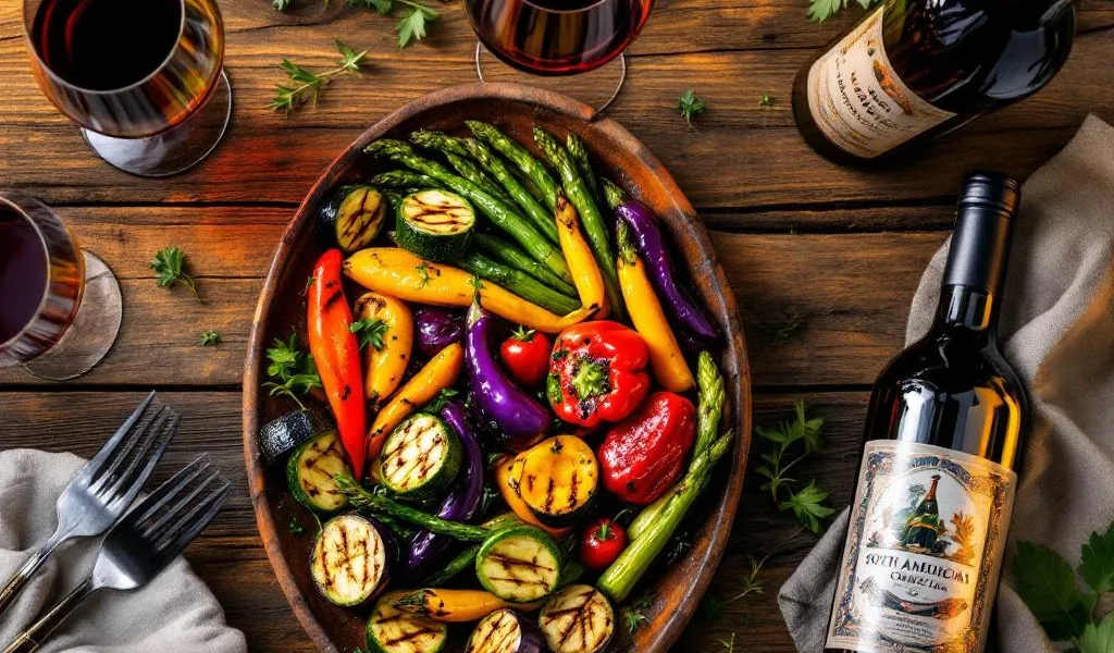 Gegrilde groenten op rustiek bord met rode wijn en kruiden op elegante houten tafel van bovenaf gefotografeerd