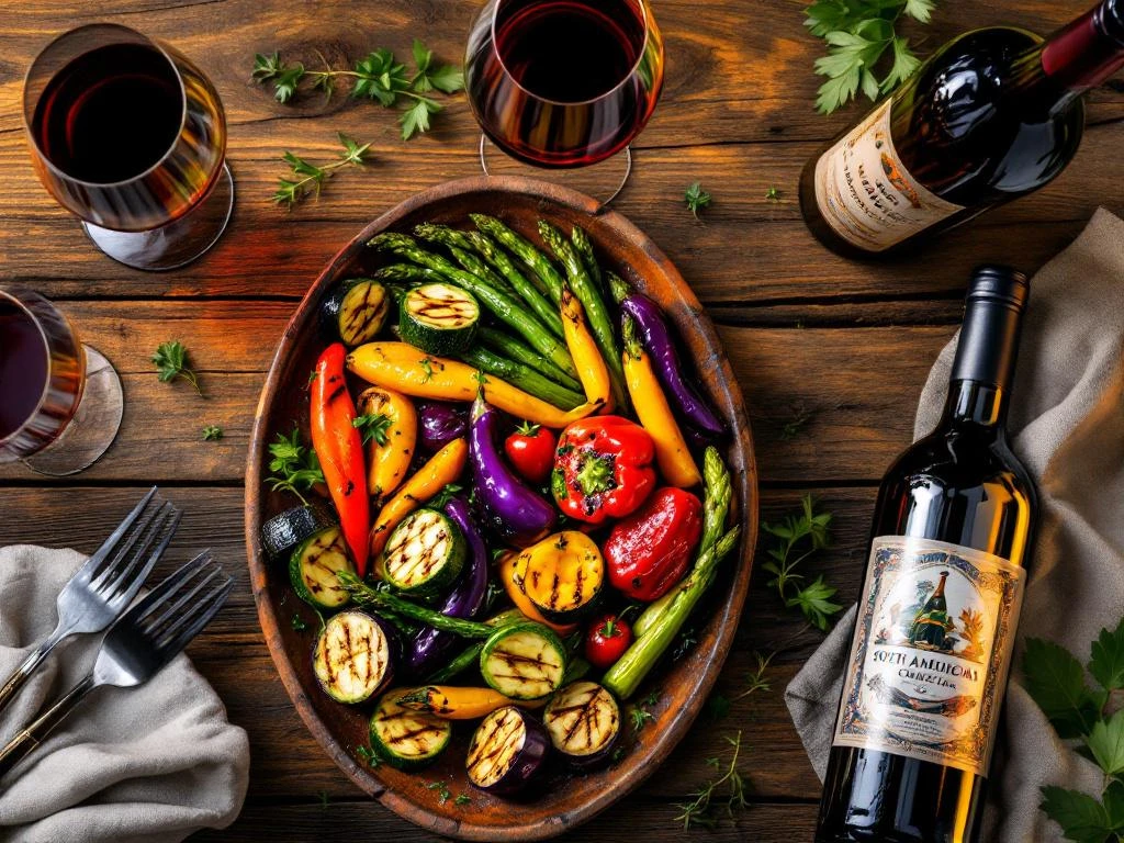 Gegrilde groenten op rustiek bord met rode wijn en kruiden op elegante houten tafel van bovenaf gefotografeerd