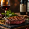 Gegrilde ribeye steak met grill strepen op leisteen bord, glas rode wijn en wijnfles op achtergrond