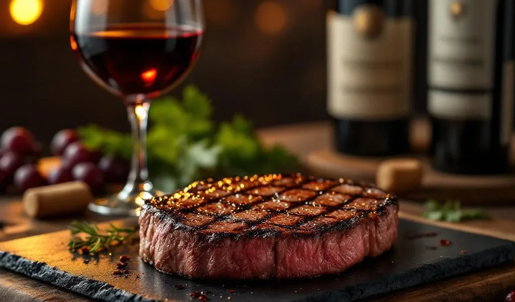 Gegrilde ribeye steak met grill strepen op leisteen bord, glas rode wijn en wijnfles op achtergrond