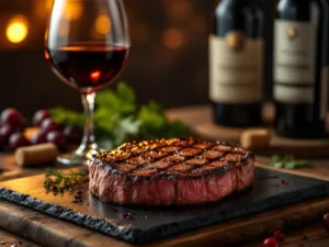 Gegrilde ribeye steak met grill strepen op leisteen bord, glas rode wijn en wijnfles op achtergrond