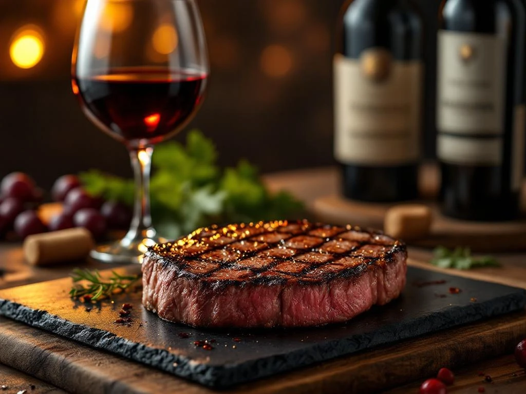 Gegrilde ribeye steak met grill strepen op leisteen bord, glas rode wijn en wijnfles op achtergrond