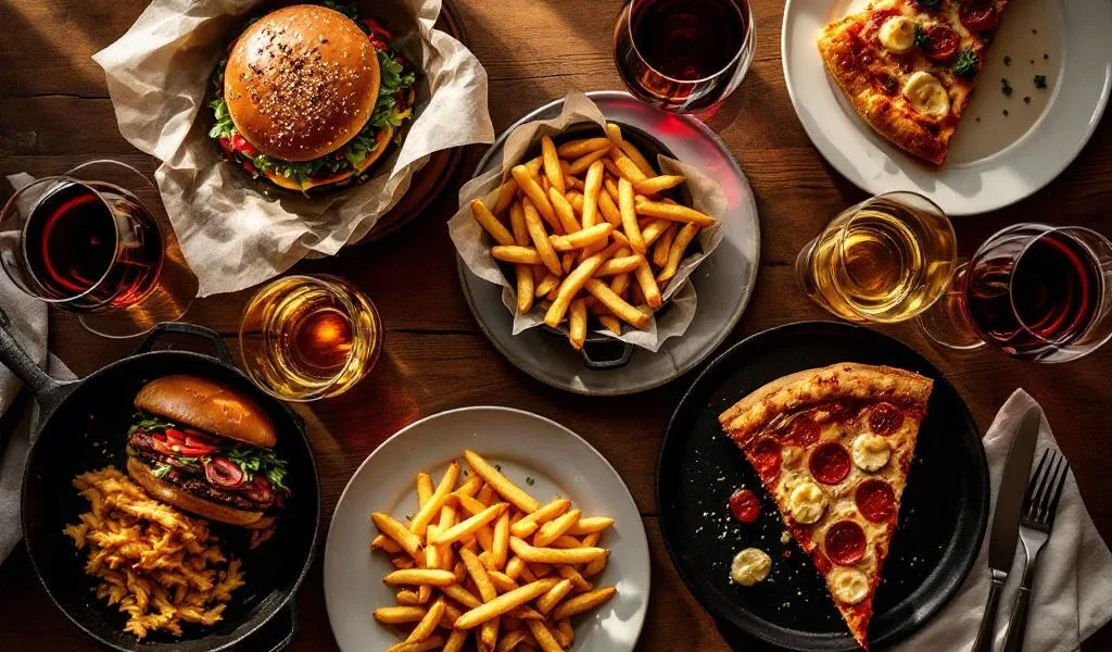 Elegante houten tafel met gourmet fastfood en wijnglazen in warme sfeerverlichting, bovenaanzicht