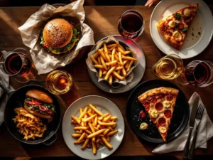 Elegante houten tafel met gourmet fastfood en wijnglazen in warme sfeerverlichting, bovenaanzicht