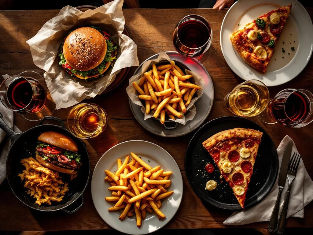 gourmet-fastfood-wijn-pairing-elegant-dining.jpg Elegante houten tafel met gourmet fastfood en wijnglazen in warme sfeerverlichting, bovenaanzicht