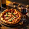 Artisanale houtgestookte pizza met gesmolten kaas en basilicum naast glas rode wijn op rustieke houten tafel