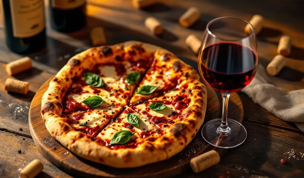 Artisanale houtgestookte pizza met gesmolten kaas en basilicum naast glas rode wijn op rustieke houten tafel