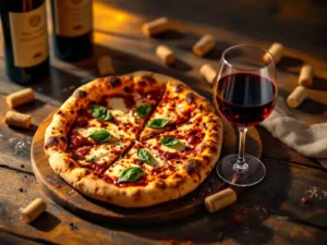 Artisanale houtgestookte pizza met gesmolten kaas en basilicum naast glas rode wijn op rustieke houten tafel