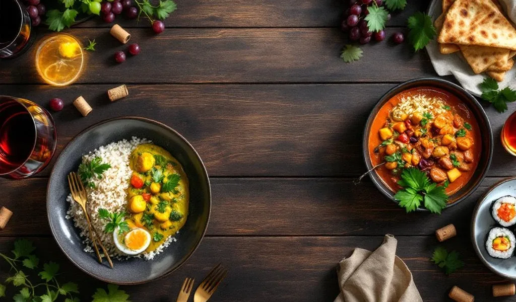 Donkere houten tafel met drie internationale gerechten: Thaise curry, Indiase curry en sushi, elk gepaard met wijn