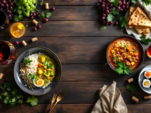 Donkere houten tafel met drie internationale gerechten: Thaise curry, Indiase curry en sushi, elk gepaard met wijn