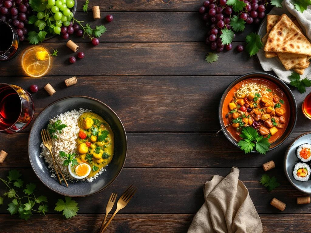 internationale-keuken-wijn-pairing-overhead-fotografie.jpg Donkere houten tafel met drie internationale gerechten: Thaise curry, Indiase curry en sushi, elk gepaard met wijn