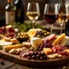 Charcuterieplank met artisanale kazen, vleeswaren en crackers, omringd door glazen rode, witte en rosé wijn