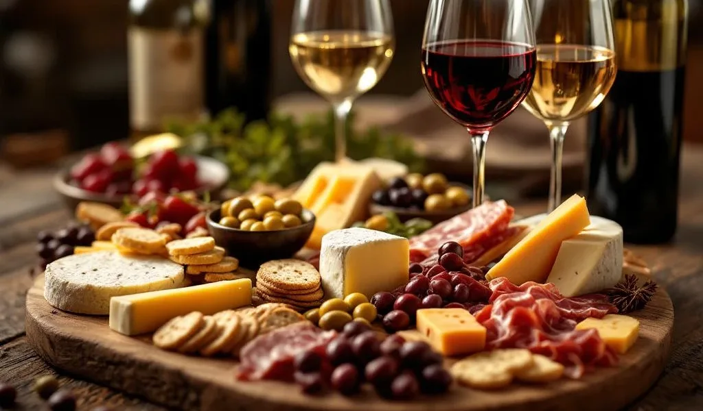 Charcuterieplank met artisanale kazen, vleeswaren en crackers, omringd door glazen rode, witte en rosé wijn