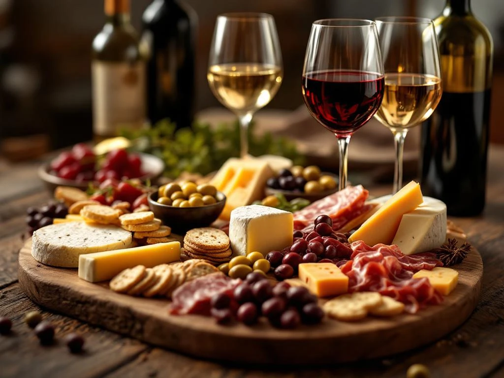 charcuterie-plank-wijn-kaas-vleeswaren.jpg Charcuterieplank met artisanale kazen, vleeswaren en crackers, omringd door glazen rode, witte en rosé wijn