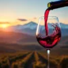 Malbec wijn wordt ingeschonken in glas met Andes bergen en Argentijnse wijngaarden bij zonsondergang op achtergrond