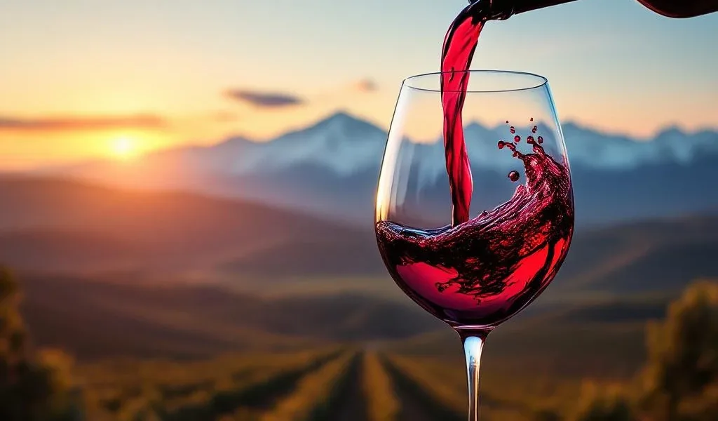 Malbec wijn wordt ingeschonken in glas met Andes bergen en Argentijnse wijngaarden bij zonsondergang op achtergrond